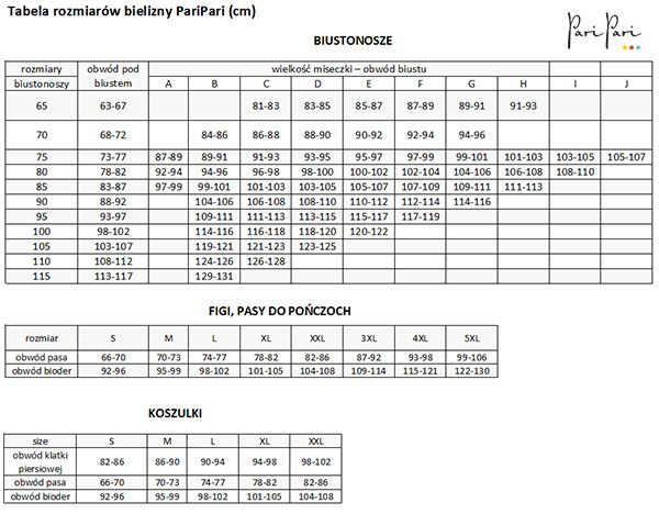 Pari Pari - Tabela Rozmiarów