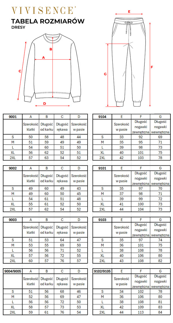 Tabela rozmiarów - bluzy i spodnie dresowe