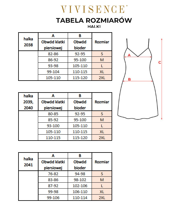 Tabela rozmiarów Vivisence - Halki
