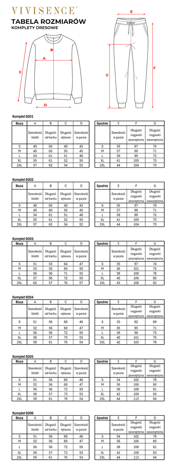 Tabela rozmiarów Vivisence - Komplety dresowe