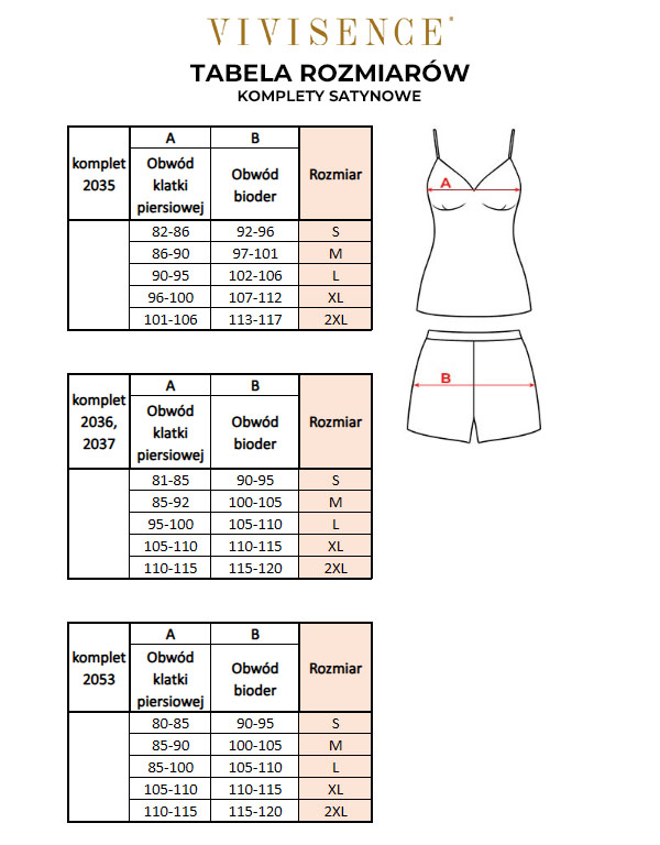 Tabela rozmiarów Vivisence - Komplety satynowe
